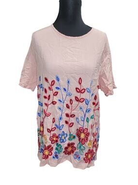 AZ Womens L Pink Floral Embroidered Cottagecore Whimsical Fairy Short Sleeve Top